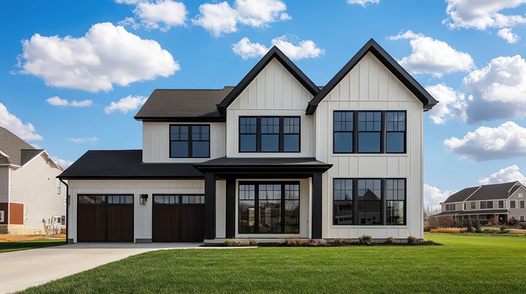 Modern white farmhouse-style home with black trim and contrasting accents, showcasing one of the best exterior paint colors for homes