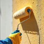 Painter applying exterior paint with a roller on a sunlit stucco wall, demonstrating how to protect exterior paint from sun and humidity