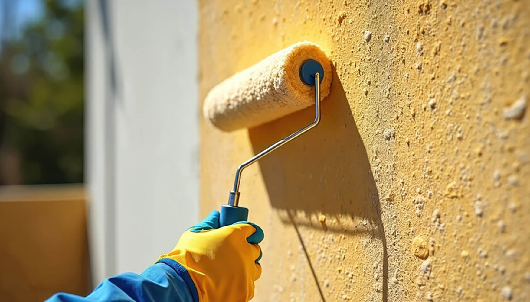 Painter rolling exterior paint on sunlit stucco wall, showing protection from sun and humidity
