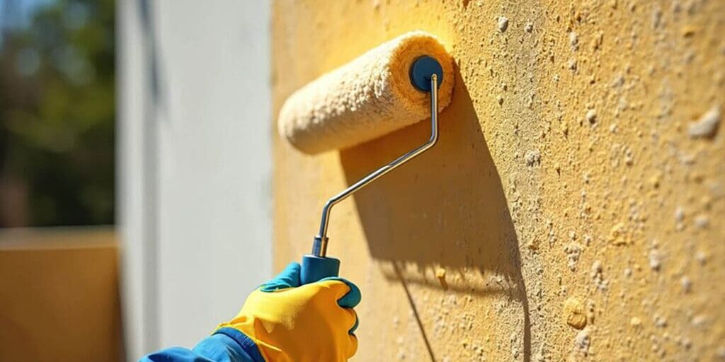 Painter applying exterior paint with a roller on a sunlit stucco wall, demonstrating how to protect exterior paint from sun and humidity