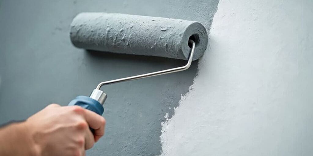 Interior paint colors that make rooms look larger applied with a roller, showing light gray paint creating a brighter, more open wall surface