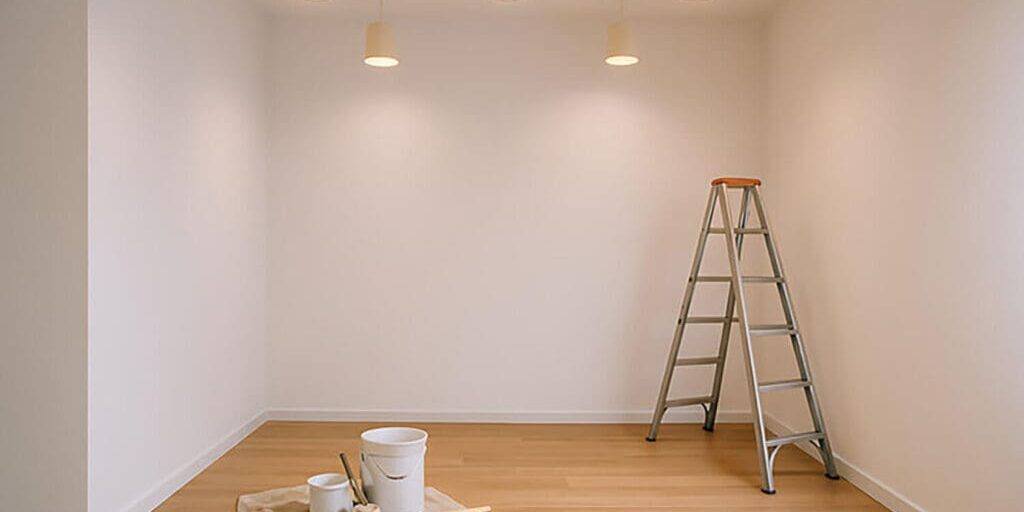 How to plan an interior painting project with a prepared room, paint supplies, and ladder ready for professional interior painting work